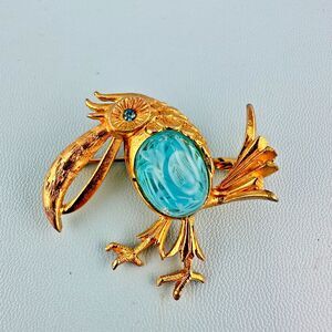 Vintage Brooch Blue Art Glass Belly Rhinestone Eye Tube Hinge Signed P&M Paris